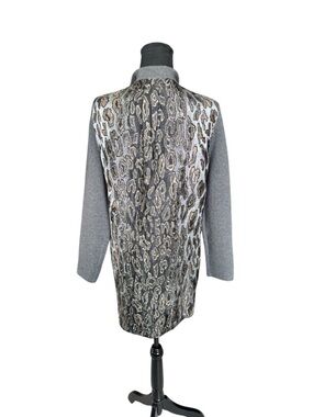 Chico’s Gray Knit Cardigan Leopard Print Back Open Front Cozy Chic M/L CC16